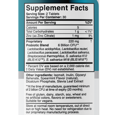 Dental Oral Probiotics with BLIS K12 & M18 – 7 Strains, 6 Billion CFU (Mint Flavor)