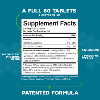 Dental Oral Probiotics with BLIS K12 & M18 – 7 Strains, 6 Billion CFU (Mint Flavor)