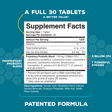 Kids Dental Oral Probiotics with BLIS K12 & M18 – 7 Strains, 3 Billion CFU (Strawberry-Vanilla Flavor)